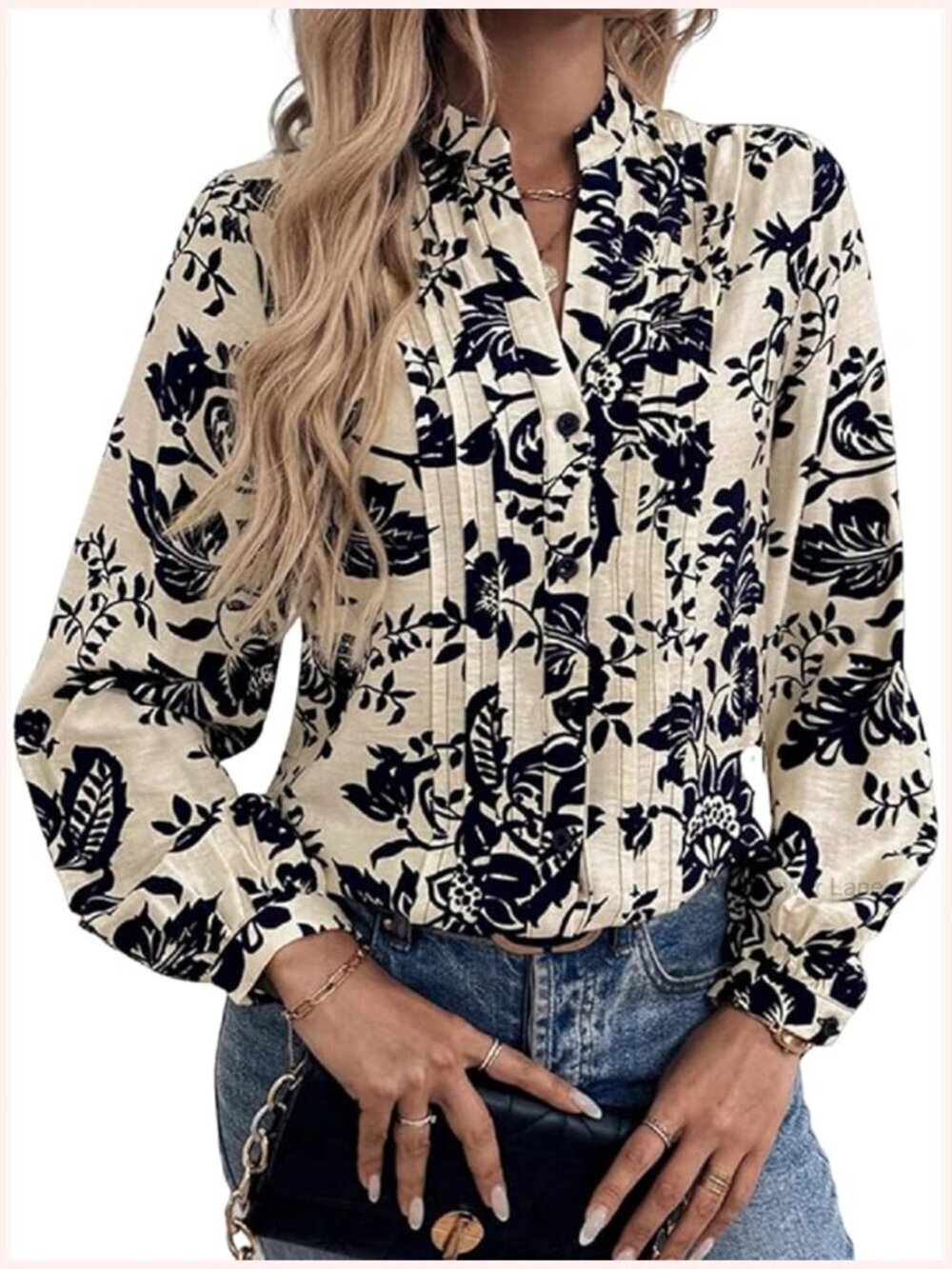 Boho Floral Bishop Sleeve Button Down Shirt Blouse